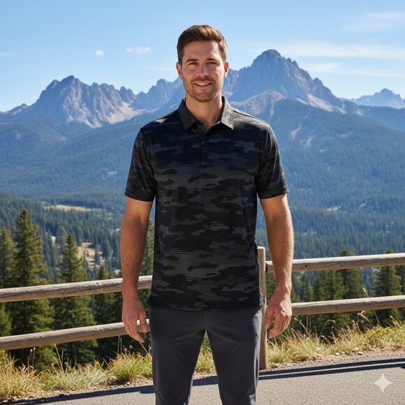 TravisMathew Men's Charcoal Camouflage Polo - Picture 2 of 11